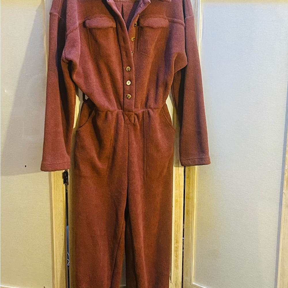 Free People Burgundy Button-Up Jumpsuit